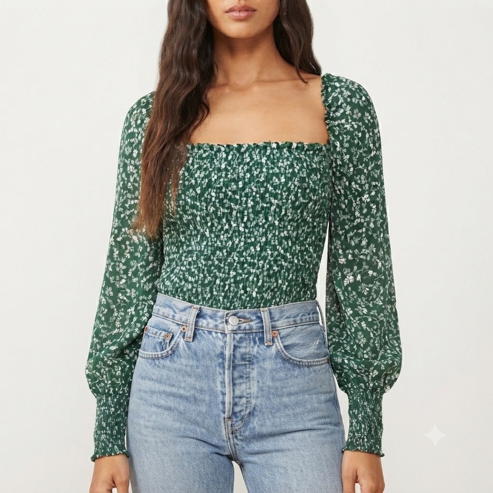 Reformation Pinto Smocked Top Green Parsley Women Size Medium Floral Long Sleeve